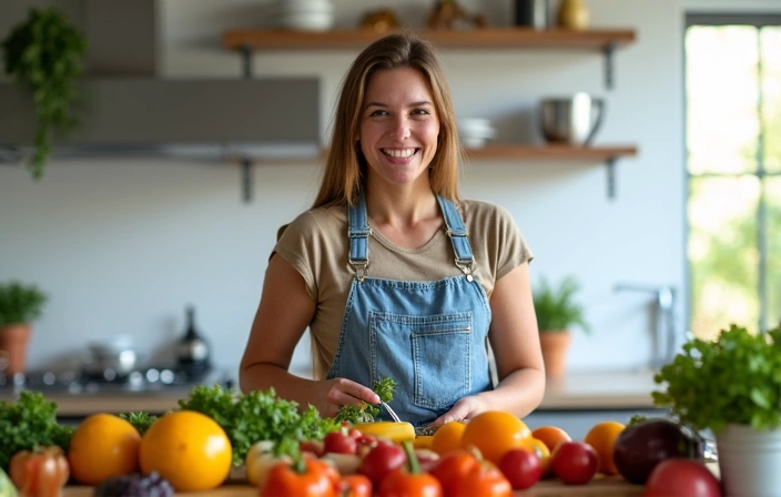 Eine Person, die glücklich und energiegeladen Obst und Gemüse zubereitet